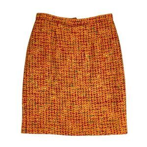Anne Klein Tweed Mini Pencil Skirt Sz 8 Orange Red Plaid Vintage 80s 90s Elegant